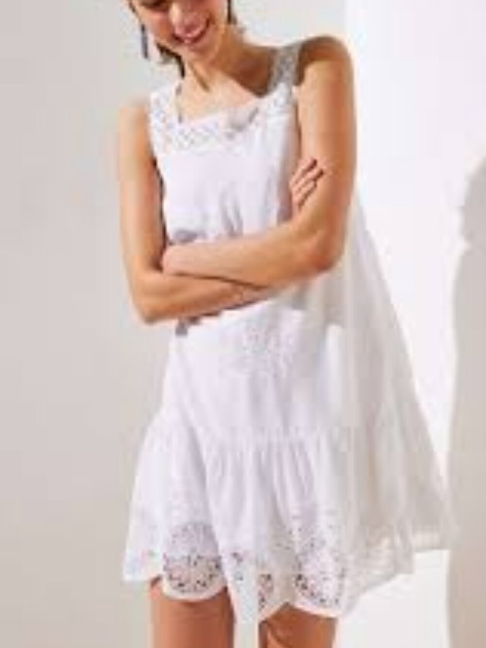 Retro Boho Cotton Tiered drop-waist square neck Swing baby Doll Mini Dress -NWOT